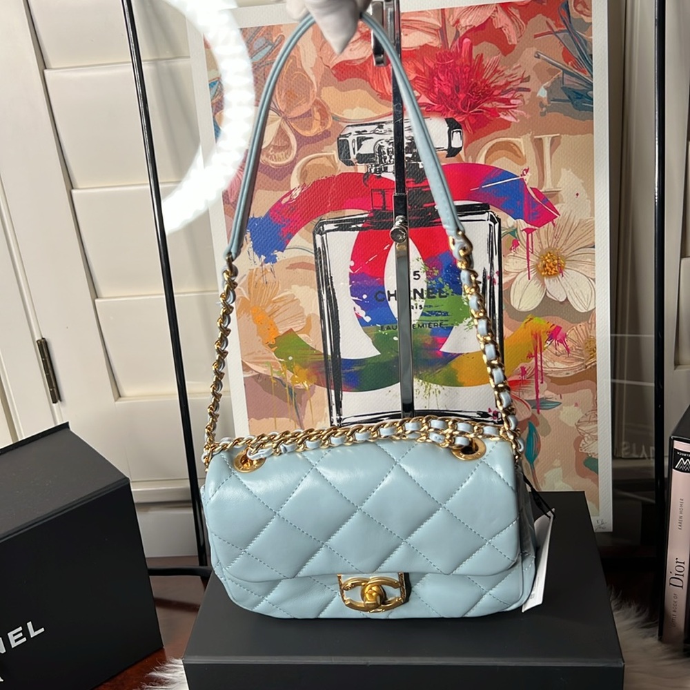 Chanel Blue Quilted Mini Flap Leather Bag Gold Box, Dust Bag NWT - Picture 17 of 17